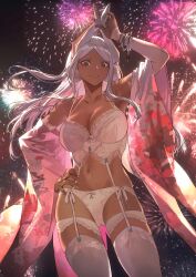Rule 34 | 1girl, absurdres, aerial fireworks, animal ears, arm up, arm warmers, armpits, bangle, bare shoulders, boku no hero academia, bow, bow bra, bow panties, bra, bracelet, breasts, brown eyes, cleavage, collarbone, commentary request, contrapposto, cowboy shot, dark-skinned female, dark skin, duplicate, earmuffs, fireworks, floating hair, floral print, garter belt, hand on own hip, hand up, highres, holding ear, holding own ears, japanese clothes, jewelry, kimono, lace, lace-trimmed bra, lace trim, large breasts, lingerie, long eyelashes, long hair, long sleeves, looking at viewer, mirko, multiple bracelets, nail polish, navel, night, night sky, off shoulder, open clothes, open kimono, outdoors, panties, parted bangs, parted lips, pink kimono, pixel-perfect duplicate, print kimono, rabbit ears, rabbit girl, salmon88, sidelocks, sky, smile, solo, stomach, thighhighs, thighs, underwear, white bra, white garter belt, white hair, white nails, white panties, white thighhighs, wide sleeves