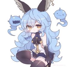 Rule 34 | 1girl, :3, aliceyawnin, animal ears, artist name, bare shoulders, black footwear, black gloves, black thighhighs, blue hair, blue skirt, blush, breasts, closed mouth, collarbone, commission, earrings, female focus, ferry (granblue fantasy), frilled gloves, frilled skirt, frills, fugee (granblue fantasy), gloves, granblue fantasy, half-closed eyes, highres, horns, jewelry, kneeling, long hair, looking at viewer, medium breasts, miniskirt, nicola (granblue fantasy), on one knee, open mouth, pleated skirt, sharp teeth, shiny clothes, shiny skin, shirt, sideboob, simple background, single earring, single horn, skindentation, skirt, sleeveless, sleeveless shirt, solo, teeth, thighhighs, twitter username, very long hair, watermark, white background, yellow eyes