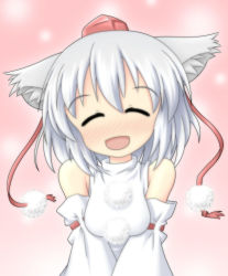 Rule 34 | 1girl, animal ears, bare shoulders, blush, breasts, detached sleeves, closed eyes, happy, hat, highres, inubashiri momiji, meitou muku, open mouth, pom pom (clothes), short hair, silver hair, small breasts, smile, solo, tokin hat, touhou, v arms, wolf ears