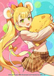 Rule 34 | 1girl, animal ears, azit (down), blonde hair, bow, brown skirt, green eyes, hair bow, highres, kathrina griebel, long hair, midriff, mouse ears, mouse girl, mouse tail, official art, open mouth, orange bow, plaid, plaid skirt, ponytail, sidelocks, skirt, smile, solo, stuffed food, stuffed toy, tail, very long hair, world dai star