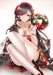Rule 34 | 1girl, absurdres, an yasuri, black hair, blush, braid, breasts, brown eyes, cardigan, christmas, cleavage, dress, girls&#039; frontline, hair ornament, hair ribbon, hairclip, hat, highres, holding, jewelry, large breasts, lewis (girls&#039; frontline), long hair, necklace, official alternate costume, ribbon, scarf, sidelocks, sitting, skirt, solo, thighhighs, thighs, twin braids