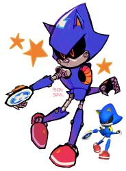 Rule 34 | 1boy, 9474s0ul, animal ears, commentary, derivative work, disc, discus throw, english commentary, full body, highres, holding, male focus, metal sonic, red eyes, reference inset, robot, simple background, solo, sonic (series), standing, star (symbol), tail, white background