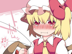 Rule 34 | 1girl, :i, angry, ascot, blonde hair, blush, breast conscious, clenched hand, commentary, exploding, flandre scarlet, flat chest, full-face blush, hammer (sunset beach), hat, mob cap, pout, red eyes, ricocheting, short hair, side ponytail, solo, symbol ricochet, tears, touhou, translated, vest, wings
