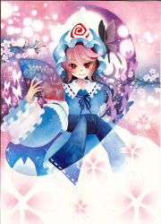 Rule 34 | 1girl, blue dress, bug, butterfly, cherry blossoms, dress, hand fan, female focus, hat, holding, bug, mosho, paper fan, pink hair, red eyes, saigyouji yuyuko, smile, solo, touhou, traditional media