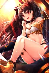 Rule 34 | 1girl, absurdres, anklet, asymmetrical legwear, asymmetrical sleeves, bare shoulders, black hair, breasts, bridal gauntlets, collar, crown, earrings, elbow gloves, fate/grand order, fate (series), gloves, hair ribbon, heavenly boat maanna, highres, hoop earrings, ishtar (fate), jewelry, kaerunoko, long hair, looking at viewer, medium breasts, navel, neck ring, pelvic curtain, red eyes, ribbon, single elbow glove, single thighhigh, sitting, star (symbol), starry background, thighhighs, tohsaka rin, two side up, uneven legwear, uneven sleeves, weapon