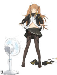Rule 34 | &gt; &lt;, 1girl, :3, black gloves, black jacket, black pantyhose, blush, boots, unworn boots, brown hair, closed mouth, clothes lift, electric fan, closed eyes, facing viewer, fingerless gloves, fpanda, girls&#039; frontline, gloves, hair ornament, hairclip, highres, jacket, leg belt, long hair, long sleeves, navel, no shoes, pantyhose, shirt, shirt lift, signature, simple background, smile, solo, standing, twintails, ump9 (girls&#039; frontline), white background, white shirt