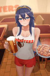 Rule 34 | 1girl, alcohol, alternate costume, bare shoulders, beer, beer mug, blue eyes, blue hair, chicken (food), clothes writing, commentary request, cowboy shot, cup, fire emblem, fire emblem awakening, food, holding, holding cup, holding plate, hooters, indoors, long hair, looking at viewer, lucina (fire emblem), mug, nintendo, pearlbbbb, plate, red shorts, revision, short shorts, shorts, smile, solo, standing, tank top, thighs, tiara, very long hair, waitress, white tank top