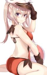 Rule 34 | 10s, 1girl, absurdres, alternate costume, alternate eye color, ball, beachball, bikini, black gloves, blonde hair, blush, dimples of venus, embarrassed, from behind, gloves, graf zeppelin (kancolle), hair between eyes, hat, highres, kantai collection, long hair, looking at viewer, peaked cap, purple eyes, ranf, red bikini, sitting, solo, swimsuit, twintails