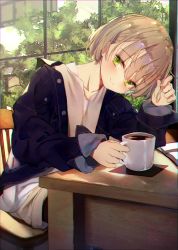 Rule 34 | 1girl, blouse, blue jacket, book, buttons, closed mouth, coffee cup, collarbone, commentary request, cup, desk, disposable cup, from side, green eyes, hair between eyes, hand up, holding, holding cup, indoors, jacket, kamizaki hibana, leaning forward, long sleeves, looking at viewer, medium hair, open book, original, playing with own hair, shirt, smile, solo, tree, upper body, white shirt, window, wooden chair