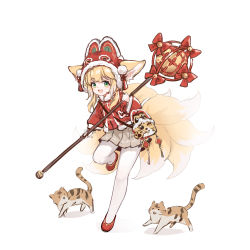 Rule 34 | 1girl, :d, absurdres, animal ears, arknights, bag, blonde hair, cat, child, female focus, fox ears, fox tail, full body, green eyes, hat, highres, holding, jacket, long sleeves, looking at viewer, open mouth, pantyhose, pleated skirt, red footwear, red jacket, shio (shiofeifei), shoulder bag, simple background, skirt, smile, solo, standing, standing on one leg, suzuran (arknights), tail, white pantyhose