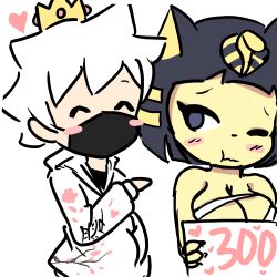 Rule 34 | 1boy, 1girl, :t, absurdres, animal ears, bandana over mouth, bandana, black hair, black shirt, blonde hair, blue eyes, blush, blush stickers, breasts, budget sarashi, cat ears, cleavage, closed mouth, clothes writing, crown, animal crossing, embarrassed, closed eyes, milestone celebration, furry, hand in pocket, hand up, happy, heart, highres, holding, hood, hoodie, jacket, japanese text, jpeg artifacts, large breasts, long sleeves, looking at another, looking to the side, multicolored hair, ankha (animal crossing), nintendo, one eye closed, sarashi, shirt, short hair, sign, simple background, sketch, standing, tanuk kun, translation request, two-tone hair, villager (animal crossing), wavy mouth, white background, white hair, white jacket