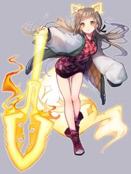 Rule 34 | 1girl, 723 (tobi), brown hair, coat, contemporary, dress, full body, glowing ears, glowing tail, grey background, highres, jacket, letterman jacket, long hair, long sleeves, looking at viewer, open mouth, padded coat, reality arc (sinoalice), red dress, red footwear, red riding hood (sinoalice), revision, shoes, simple background, sinoalice, sleeves past wrists, sneakers, solo, yellow eyes
