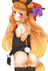 Rule 34 | 1girl, animal ears, ass, back, big hair, black gloves, black thighhighs, blush, bow, brown hair, elbow gloves, fake animal ears, flat chest, from behind, gloves, hair bow, horn bow, horn ornament, horns, ibuki suika, leotard, long hair, looking at viewer, looking back, nishiuri, oni, playboy bunny, rabbit ears, rabbit tail, red eyes, simple background, solo, sweatdrop, tail, thighhighs, touhou, very long hair, wavy mouth, wrist cuffs