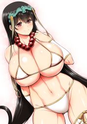 Rule 34 | 1girl, abs, bare shoulders, bead necklace, beads, bikini, black hair, blush, breasts, cleavage, closed mouth, collarbone, earrings, fate/grand order, fate (series), hair between eyes, headpiece, highres, hoop earrings, huge breasts, jewelry, kanno takanori, long hair, looking at viewer, navel, necklace, prayer beads, red eyes, smile, solo, swimsuit, thighhighs, thighs, very long hair, white background, white bikini, white thighhighs, xuangzang sanzang (fate)