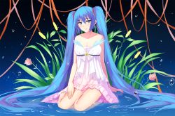 Rule 34 | 1girl, alternate costume, bare arms, bare shoulders, blue hair, blush, breasts, cleavage, closed eyes, collar, dress, full body, hair ribbon, hatsune miku, layered dress, lips, long hair, looking at viewer, medium breasts, muko (kokia38), pink dress, plant, red ribbon, reflection, ribbon, ripples, sitting, smile, solo, strapless, strapless dress, twintails, very long hair, vocaloid, water, water drop, yokozuwari
