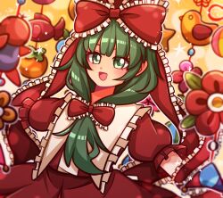 Rule 34 | 1girl, 1jumangoku, blunt bangs, bow, bubble, collar, collared dress, commentary, cowboy shot, dress, eyelashes, frilled bow, frilled dress, frilled skirt, frills, front ponytail, green eyes, green hair, hair bow, kagiyama hina, light blush, long hair, looking at viewer, object request, open mouth, outline, outstretched arms, puffy short sleeves, puffy sleeves, red bow, red dress, red sleeves, short sleeves, simple background, skirt, smile, solo, star (symbol), symbol-only commentary, touhou, white collar, white outline, yellow background