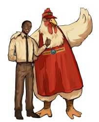 Rule 34 | 1boy, 1other, ^ ^, absurdres, animification, apron, baseball cap, black footwear, breaking bad, brown pants, chicken costume, closed eyes, collared shirt, commentary, dark-skinned female, dark skin, gustavo fring, hat, head tilt, highres, los pollos hermanos, ma2 ereki, mascot, pants, parted lips, red apron, shirt, shoes, simple background, smile, symbol-only commentary, thumbs up, white background, white shirt
