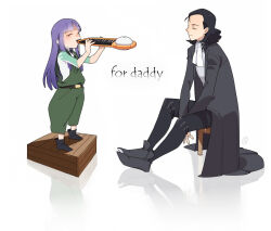 Rule 34 | 1boy, 1girl, ascot, black footwear, black hair, black jacket, black pants, blunt bangs, closed eyes, closed mouth, cr-r, ergo proxy, holding, holding instrument, instrument, jacket, long hair, long sleeves, looking at another, medium hair, music, open clothes, open jacket, pants, pino (ergo proxy), playing instrument, purple hair, raul creed, sitting, smile, standing, white ascot