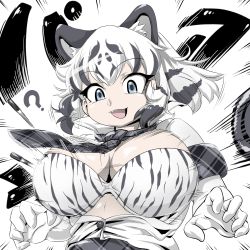 Rule 34 | 10s, 1girl, ?, animal ear fluff, animal ears, bad id, bad pixiv id, blue eyes, bra, breasts, bursting breasts, buttons, collared shirt, commentary request, extra ears, fang, flying button, gloves, grey hair, huge breasts, kemono friends, looking at viewer, multicolored hair, necktie, open clothes, open mouth, open shirt, plaid, plaid necktie, plaid neckwear, plaid sleeves, popped button, print bra, print shirt, shirt, short hair, short sleeves, sidelocks, smile, solo, sound effects, speed lines, tiger ears, two-tone hair, underwear, upper body, wardrobe malfunction, white gloves, white hair, white tiger (kemono friends), white tiger print, zetsu (zyej5442)