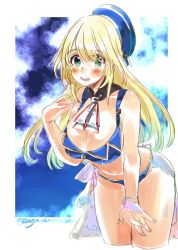 Rule 34 | 1girl, adapted costume, alternate costume, ascot, atago (kancolle), bare shoulders, beret, bikini, blonde hair, blue bikini, blue sky, blush, breasts, buttons, cleavage, cloud, collarbone, commentary, cropped legs, fingernails, green eyes, hair between eyes, hat, kantai collection, leaning forward, long hair, looking at viewer, open mouth, round teeth, sagamiso, sky, smile, solo, swimsuit, teeth, twitter username, white ascot