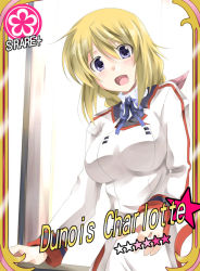 Rule 34 | 1girl, blonde hair, card, card (medium), card parody, character name, charlotte dunois, cinderella girls card parody, flower (symbol), idolmaster, idolmaster cinderella girls, infinite stratos, long hair, looking at viewer, military, military uniform, mister (black and white), name tag, open mouth, parody, purple eyes, ribbon, smile, solo, standing, star (symbol), uniform