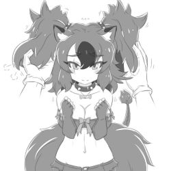 Rule 34 | 1girl, animal ears, big hair, blush, bone necklace, breasts, cerberus (kemono friends), cleavage, closed mouth, collar, collarbone, disembodied hand, dog ears, fingerless gloves, flustered, flying sweatdrops, furrowed brow, gloves, grabbing, greyscale, hair between eyes, hands up, highres, kemono friends, looking at viewer, lowleg, lowleg shorts, monochrome, multicolored hair, navel, parted bangs, scar, scar across eye, scar on face, short shorts, shorts, solo focus, spiked collar, spikes, stomach, strapless, tail, tsukushi (741789), tube top, two side up, upper body