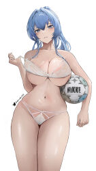 Rule 34 | 1girl, absurdres, areola slip, ball, blue eyes, blue hair, bra, breasts, copyright name, cowboy shot, elvandec, goddess of victory: nikke, helm (nikke), highres, holding, holding ball, large breasts, long hair, navel, panties, parted lips, ponytail, simple background, smile, soccer ball, solo, stomach, strap pull, thighs, twitter username, underboob, underwear, white background, white bra, white panties