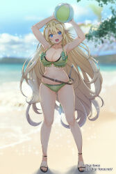 Rule 34 | 1girl, :d, armpits, arms up, ball, bare arms, beach, beachball, belt, big hair, bikini, black footwear, blonde hair, blue eyes, blurry, blurry background, breasts, bright pupils, brown belt, cleavage, cloud, collarbone, curly hair, curvy, day, elf, frilled bikini, frills, full body, gluteal fold, green bikini, hair between eyes, hair ornament, head tilt, highres, holding, holding ball, holding beachball, kimura shigetaka, large breasts, legs apart, long hair, looking at viewer, navel, open mouth, original, outdoors, pointy ears, sandals, sheath, sheathed, skindentation, smile, solo, sparkle, straight-on, swimsuit, sword, teeth, tongue, upper teeth only, very long hair, watermark, weapon, web address, white pupils