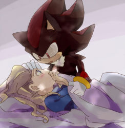 Rule 34 | 1boy, 1girl, animal ears, animal nose, bad id, bad pixiv id, bed sheet, black fur, black hair, blonde hair, blue eyes, blue shirt, blush, body fur, breath, bukiko, covering own mouth, eye contact, from side, furry, furry male, furry with non-furry, gloves, gradient background, hand on another&#039;s head, interspecies, leaning forward, long hair, looking at another, looking down, looking up, lying, maria robotnik, multicolored hair, on back, open mouth, profile, red eyes, red fur, red hair, shadow the hedgehog, shirt, simple background, sonic (series), standing, two-tone hair, under covers, upper body, white fur, white gloves