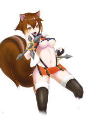 Rule 34 | 1girl, alpina, animal ears, antenna hair, arc system works, areola slip, bare shoulders, black thighhighs, blazblue, blazblue: continuum shift, breasts, brown eyes, brown hair, clenched hands, crop top, cropped legs, dual wielding, fighting stance, fingerless gloves, gloves, highleg, highleg panties, highres, holding, large breasts, makoto nanaya, microskirt, midriff, multicolored hair, navel, nipple slip, nipples, open mouth, panties, short hair, skirt, solo, squirrel ears, squirrel tail, tail, thighhighs, tonfa, two-tone hair, underboob, underwear, weapon