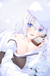 Rule 34 | 1girl, alcohol, avrora (azur lane), azur lane, bare shoulders, black pantyhose, blue eyes, blush, bottle, breasts, cleavage, collarbone, dress, hat, highres, large breasts, light purple hair, long hair, looking at viewer, medium breasts, open mouth, origami aya, pantyhose, simple background, smile, solo, vodka