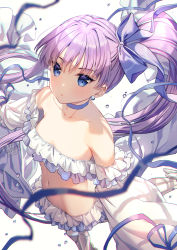 Rule 34 | 1girl, bare shoulders, bikini, blue bow, blue choker, blue eyes, blurry, blurry background, blush, bow, bubble, choker, closed mouth, collarbone, commentary request, depth of field, earrings, fate/grand order, fate (series), frilled bikini, frills, from above, groin, hair between eyes, hair bow, high ponytail, highres, jewelry, long hair, long sleeves, looking at viewer, meltryllis, meltryllis (fate), meltryllis (swimsuit lancer) (fate), navel, prosthesis, prosthetic leg, puffy long sleeves, puffy sleeves, purple hair, rosuuri, side ponytail, simple background, sleeves past fingers, sleeves past wrists, solo, swimsuit, tsurime, very long hair, water drop, watermark, web address, white background, white bikini