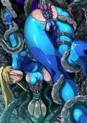 Rule 34 | 1girl, anal, anal object insertion, blonde hair, bodysuit, butcha-u, cameltoe, clenched teeth, metroid, mole, monster, nintendo, object insertion, ponytail, rape, restrained, samus aran, teeth, tentacle sex, tentacles, torn clothes, zero suit