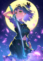 Rule 34 | 1girl, absurdres, cherry blossoms, commentary request, full moon, green eyes, green skirt, green vest, grey hair, highres, holding, holding sword, holding weapon, konpaku youmu, looking at viewer, moon, navel, outdoors, shirt, short hair, short sleeves, skirt, sky, solo, star (sky), starry sky, sword, touhou, vest, weapon, white shirt, yomatsuri (festival night)