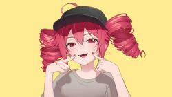 Rule 34 | 1girl, absurdres, ahoge, baseball cap, black hat, commentary request, drill hair, fingers to cheeks, grey shirt, hair between eyes, hat, highres, kasane teto, korean commentary, mixed-language commentary, open mouth, override (synthesizer v), pm (lily112100), red eyes, red hair, red nails, shirt, signature, simple background, smile, solo, t-shirt, twin drills, utau, yellow background