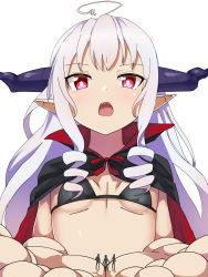Rule 34 | ahoge, bikini, black cape, cape, commentary request, death abyss, demon girl, fang, flat chest, giant, giantess, highres, horns, ishuzoku reviewers, lien, pointy ears, red eyes, shadow, simple background, size difference, swimsuit