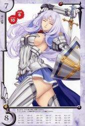 Rule 34 | 00s, 10s, 1girl, annelotte, annelotte (queen's blade), armor, armored dress, blue eyes, breasts, closed eyes, eiwa, elbow gloves, gloves, highres, knight princess annelotte, large breasts, long hair, navel, purple hair, queen&#039;s blade, queen&#039;s blade rebellion, shield, sideboob, solo, sword, teeth, thighhighs, weapon