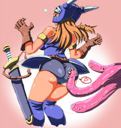 Rule 34 | 1girl, armlet, armor, ass, bare shoulders, belt, black panties, blue armor, breasts, brown gloves, brown hair, daisy (dq), damedungeon, dragon quest, dragon quest yuusha abel densetsu, fake horns, gloves, helmet, horned helmet, horns, long hair, panties, sheath, sheathed, simple background, sword, tentacles, tongue, underwear, weapon
