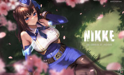 Rule 34 | 1girl, :d, absurdres, blue eyes, blue hat, blue necktie, blue ribbon, blue skirt, blurry, blush, breasts, brown hair, collared shirt, detached sleeves, eyelashes, garrison cap, goddess of victory: nikke, hair ribbon, hand in own hair, hat, high-waist skirt, highres, knightfang, long hair, looking at viewer, marian (nikke), medium breasts, necktie, off shoulder, on grass, open mouth, outdoors, pantyhose, ribbon, shirt, short necktie, sitting, skirt, smile, solo, tilted headwear, white shirt, wing collar