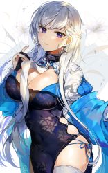 Rule 34 | 1girl, alternate costume, azur lane, belfast (azur lane), belfast (iridescent rosa) (azur lane), blue eyes, blush, braid, breasts, chain, china dress, chinese clothes, collar, dress, earrings, gijang, holding, holding own hair, jewelry, large breasts, long hair, looking at viewer, panties, parted lips, side-tie panties, sidelocks, silver hair, smile, solo, thighhighs, underwear, white thighhighs