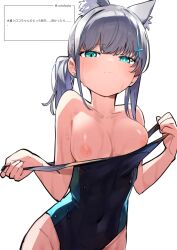Rule 34 | 1girl, absurdres, animal ears, blue archive, blue one-piece swimsuit, blunt bangs, breasts, closed mouth, commentary request, covered navel, cowboy shot, cross hair ornament, earrings, extra ears, goe (g-o-e), green eyes, grey hair, hair ornament, highres, jewelry, looking at viewer, looking down, medium breasts, mismatched pupils, nipples, official alternate costume, one-piece swimsuit, ponytail, shiroko (blue archive), shiroko (swimsuit) (blue archive), short ponytail, simple background, smile, solo, stud earrings, swimsuit, translation request, undressing, wet, white background, wolf ears