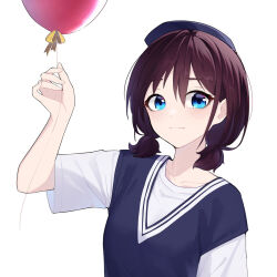 Rule 34 | 1girl, balloon, blue eyes, blue hat, blue sweater vest, blush, brown hair, chinese commentary, closed mouth, collarbone, commentary request, girls band cry, hair between eyes, hat, highres, iseri nina, low twintails, shirt, short hair, short sleeves, short twintails, simple background, solo, sweater vest, twintails, upper body, white background, white shirt, yun cao bing