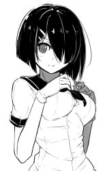 Rule 34 | 10s, 1girl, alternate hair color, black hair, breasts, gloves, greyscale, hair ornament, hair over one eye, hairclip, hamakaze (kancolle), hand on breast, kantai collection, large breasts, mirrored, monochrome, salian, school uniform, simple background, smile, solo