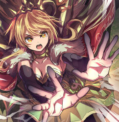 Rule 34 | 1girl, black gloves, blonde hair, breasts, cape, cleavage, collar, commission, dress, duel monster, elbow gloves, floating hair, fur-trimmed cape, fur trim, gloves, green eyes, hair between eyes, hands up, highres, long hair, medium breasts, open mouth, pantyhose, pushing, revision, ritual beast ulti-apelio, shouma (bravespiritya), skeb commission, solo, spiked collar, spikes, wind, yu-gi-oh!
