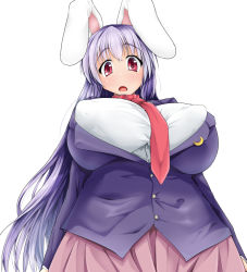 Rule 34 | 1girl, animal ears, bad id, bad pixiv id, blush, breasts, rabbit ears, collar, curvy, covered erect nipples, female focus, from below, huge breasts, hydrant (kasozama), long hair, looking at viewer, necktie, open mouth, pink eyes, purple hair, reisen udongein inaba, school uniform, simple background, skirt, solo, thick thighs, thighs, touhou, very long hair, white background, wide hips