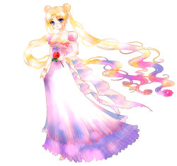 Rule 34 | 1990s (style), 1girl, bare shoulders, bishoujo senshi sailor moon, blonde hair, blue eyes, crescent, crescent facial mark, double bun, dress, facial mark, flower, forehead mark, full body, gown, gradient hair, k (kktkk), long hair, multicolored hair, pink hair, princess, princess serenity, puffy sleeves, red flower, red rose, retro artstyle, rose, smile, solo, tsukino usagi, twintails