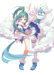 Rule 34 | 1girl, :d, altaria, arm up, bad id, bad pixiv id, blue footwear, boots, breasts, cleavage, collarbone, creatures (company), cyjalway, earrings, full body, game freak, gen 3 pokemon, green eyes, green hair, hair ornament, highres, jewelry, leaning forward, leaning to the side, lisia (pokemon), long hair, looking at another, looking at viewer, mega pokemon, navel, nintendo, open mouth, pokemon, pokemon (creature), pokemon oras, ponytail, shorts, showgirl skirt, single thighhigh, skirt, small breasts, smile, striped clothes, striped thighhighs, thighhighs, very long hair, white background