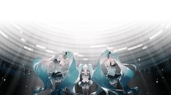 Rule 34 | 3girls, aqua eyes, aqua hair, aqua nails, aqua neckwear, bare shoulders, black legwear, black skirt, blouse, boots, commentary, cropped, crypton future media, detached sleeves, closed eyes, facing to the side, facing viewer, feet out of frame, fingers together, from side, glowing, hair ornament, hatsune miku, hatsune miku (nt), headphones, highres, light particles, long hair, miniskirt, multiple girls, multiple persona, nail polish, neck ribbon, official art, own hands together, piapro, pleated skirt, rella, ribbon, see-through, see-through legwear, see-through sleeves, shirt, shoulder tattoo, skirt, sleeveless, sleeveless shirt, tattoo, thighhighs, twintails, very long hair, vocaloid, white shirt, white sleeves, wide shot, zettai ryouiki