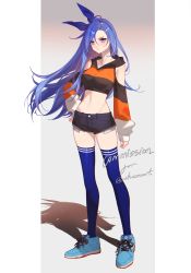 Rule 34 | 1girl, :t, absurdres, black shorts, blue footwear, blue hair, blue hairband, blue thighhighs, blush, breasts, clothing cutout, commentary, commission, crop top, detached sleeves, english commentary, hair between eyes, hairband, highres, hood, hood down, jesse (pixiv34586727), long hair, long sleeves, looking at viewer, medium breasts, midriff, bae minah (chaesu), nike (company), original, pout, shadow, shoes, short shorts, shorts, shoulder cutout, simple background, sneakers, solo, standing, thighhighs, very long hair