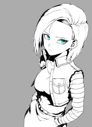 Rule 34 | 1girl, android 18, blue eyes, breasts, denim, dragon ball, dragonball z, hands in pockets, highres, jacket, jeans, looking at viewer, looking up, pants, zequung, zquung